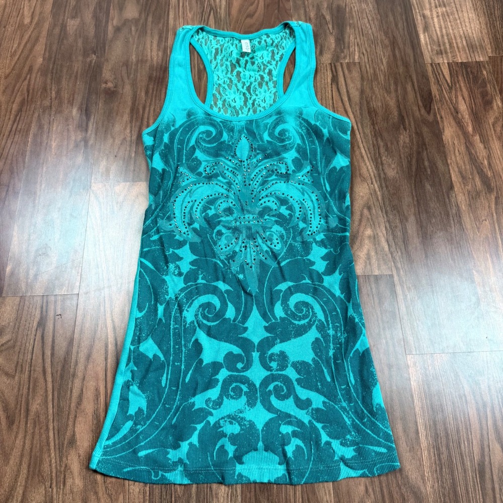 Y2K Teal Damask Rhinestone Lace Back Racerback Tank Top Large Full Tilt